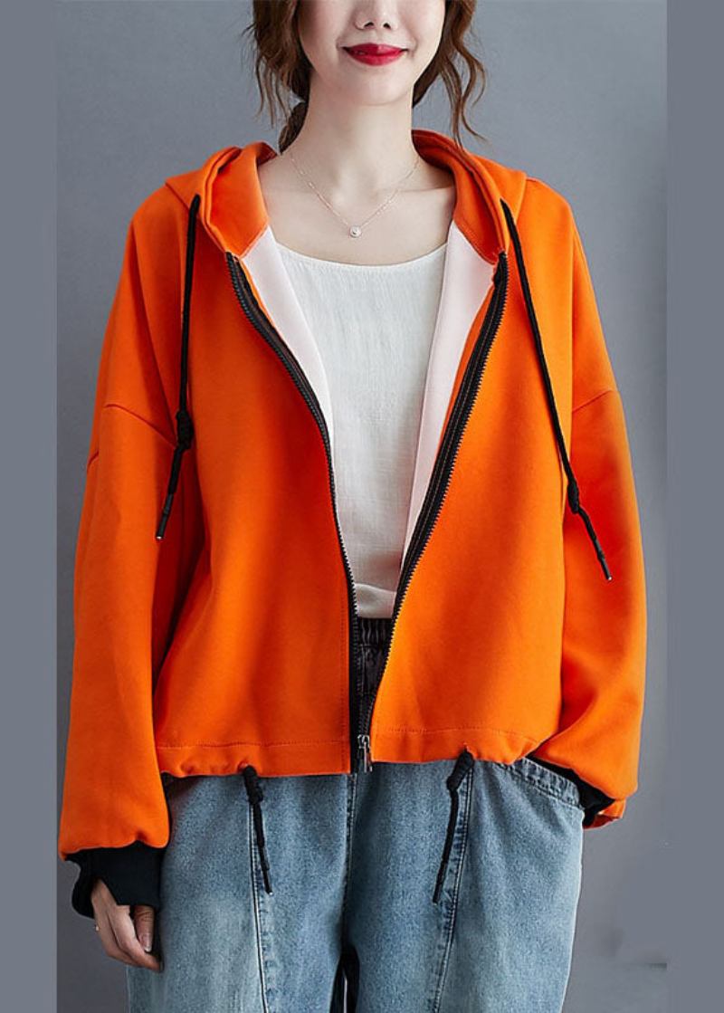 Einzigartige Langärmlige Herbstjacke In Orange Mit Kapuze Und Reißverschluss Und Kordelzug