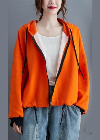 Einzigartige Langärmlige Herbstjacke In Orange Mit Kapuze Und Reißverschluss Und Kordelzug