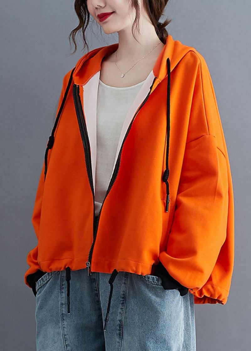 Einzigartige Langärmlige Herbstjacke In Orange Mit Kapuze Und Reißverschluss Und Kordelzug - Damen-Wintermäntel