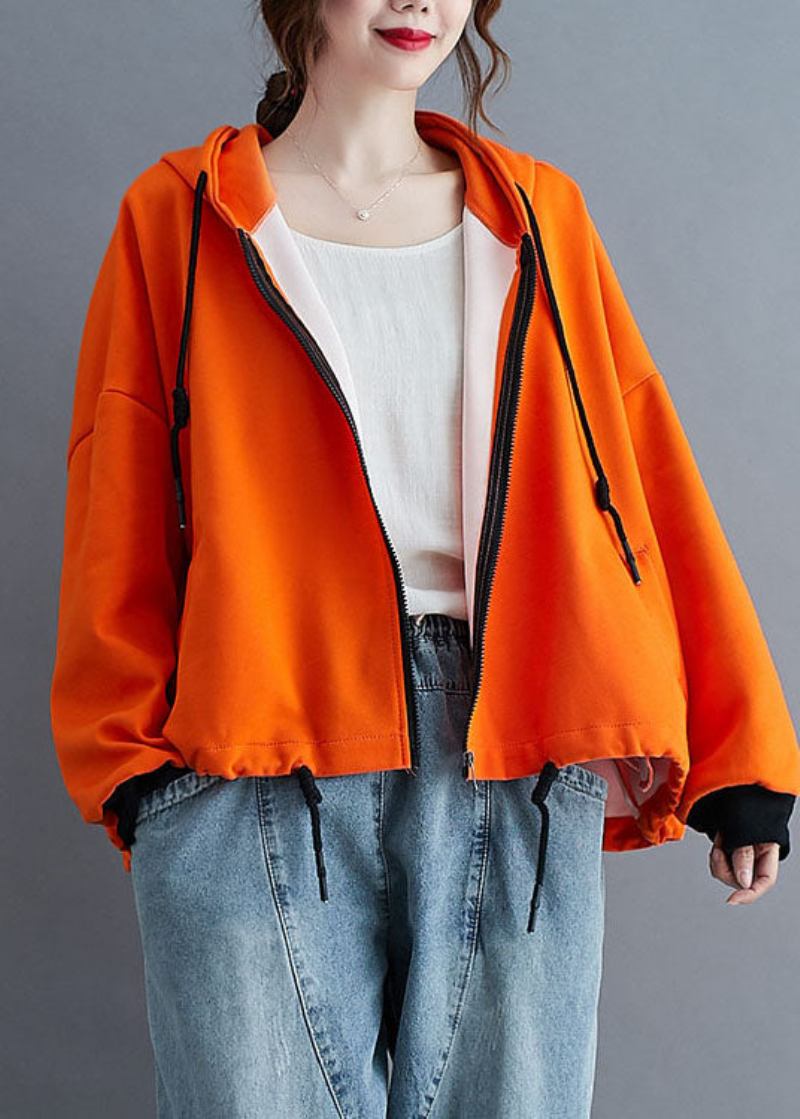 Einzigartige Langärmlige Herbstjacke In Orange Mit Kapuze Und Reißverschluss Und Kordelzug - Damen-Wintermäntel