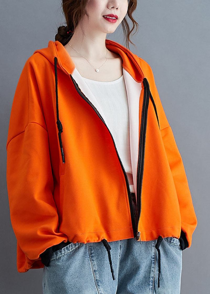 Einzigartige Langärmlige Herbstjacke In Orange Mit Kapuze Und Reißverschluss Und Kordelzug - Damen-Wintermäntel