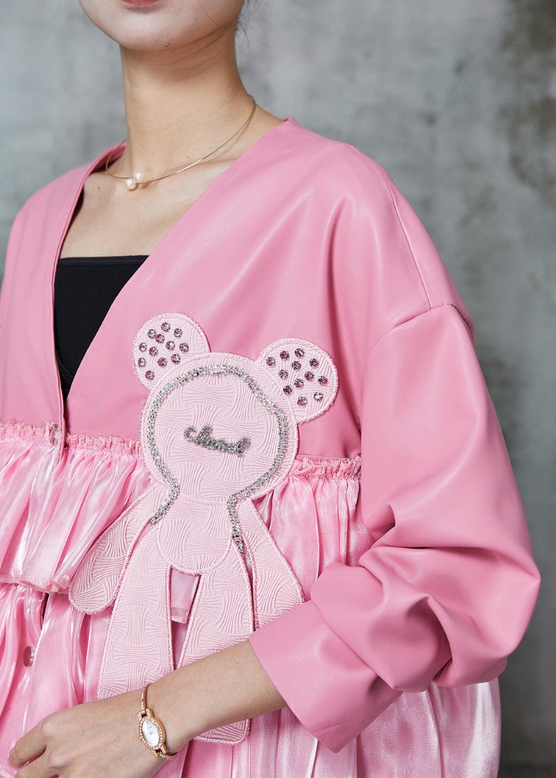 Einzigartige Rosa Übergroße Patchwork-kunstlederjacke Frühling - Damen-Wintermäntel