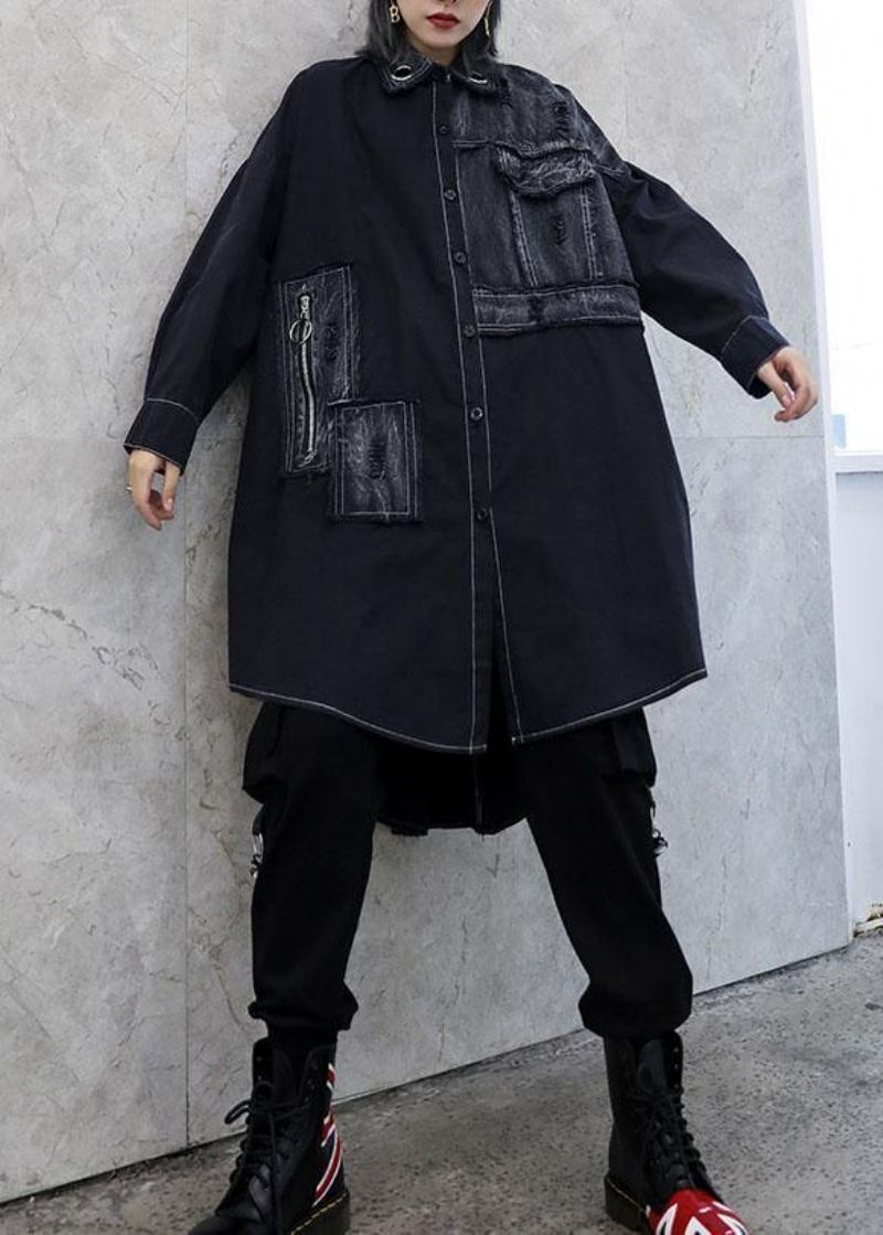 Einzigartiger Asymmetrischer Saum Feines Outfit Schwarze Kunst Damenmäntel Herbst