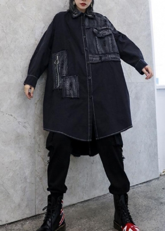 Einzigartiger Asymmetrischer Saum Feines Outfit Schwarze Kunst Damenmäntel Herbst