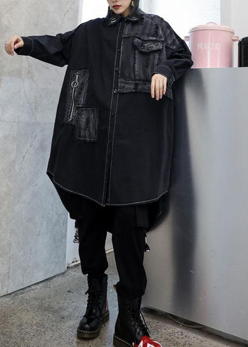 Einzigartiger Asymmetrischer Saum Feines Outfit Schwarze Kunst Damenmäntel Herbst - Damen-Wintermäntel