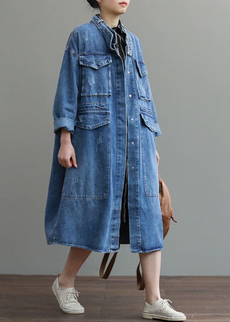 Einzigartiger Blauer Lockerer Denim-trenchcoat Mit Knopf Und Taschen Für Den Herbst Mit Langen Ärmeln