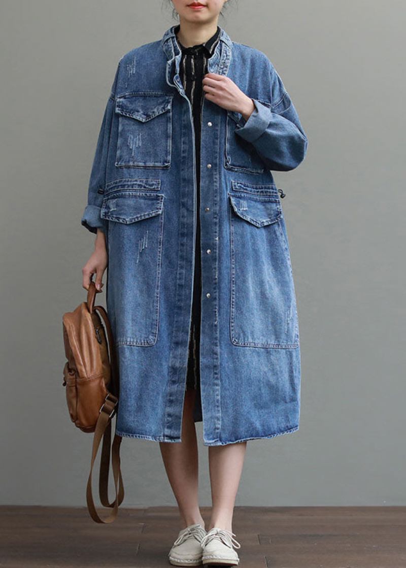 Einzigartiger Blauer Lockerer Denim-trenchcoat Mit Knopf Und Taschen Für Den Herbst Mit Langen Ärmeln - Damen-Wintermäntel