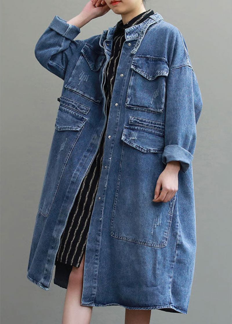 Einzigartiger Blauer Lockerer Denim-trenchcoat Mit Knopf Und Taschen Für Den Herbst Mit Langen Ärmeln - Damen-Wintermäntel