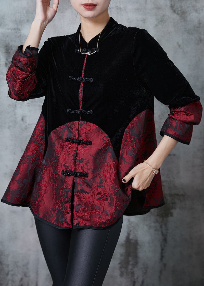 Elegante Schwarze Chinesische Patchwork-mäntel Aus Samt Mit Knöpfen Für Den Herbst