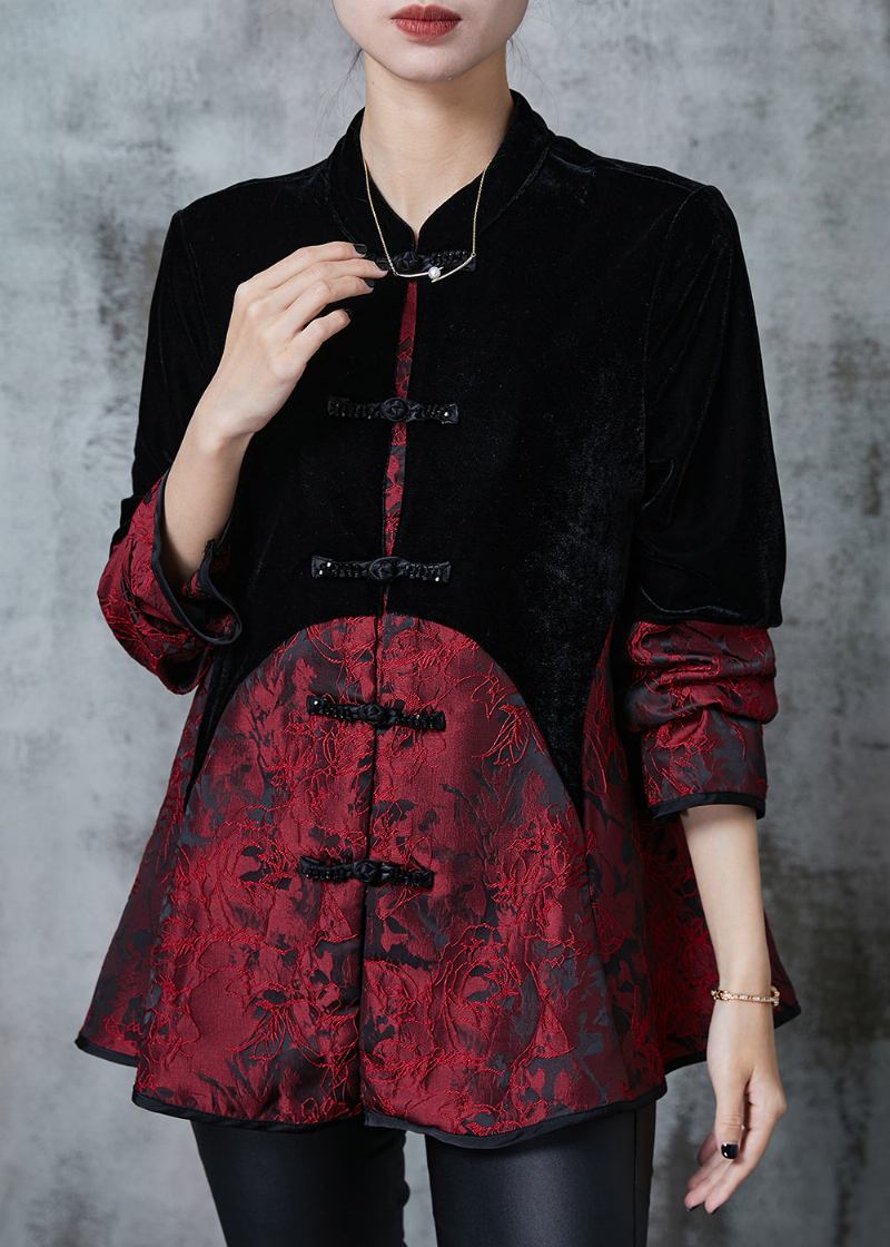 Elegante Schwarze Chinesische Patchwork-mäntel Aus Samt Mit Knöpfen Für Den Herbst - Damen-Wintermäntel