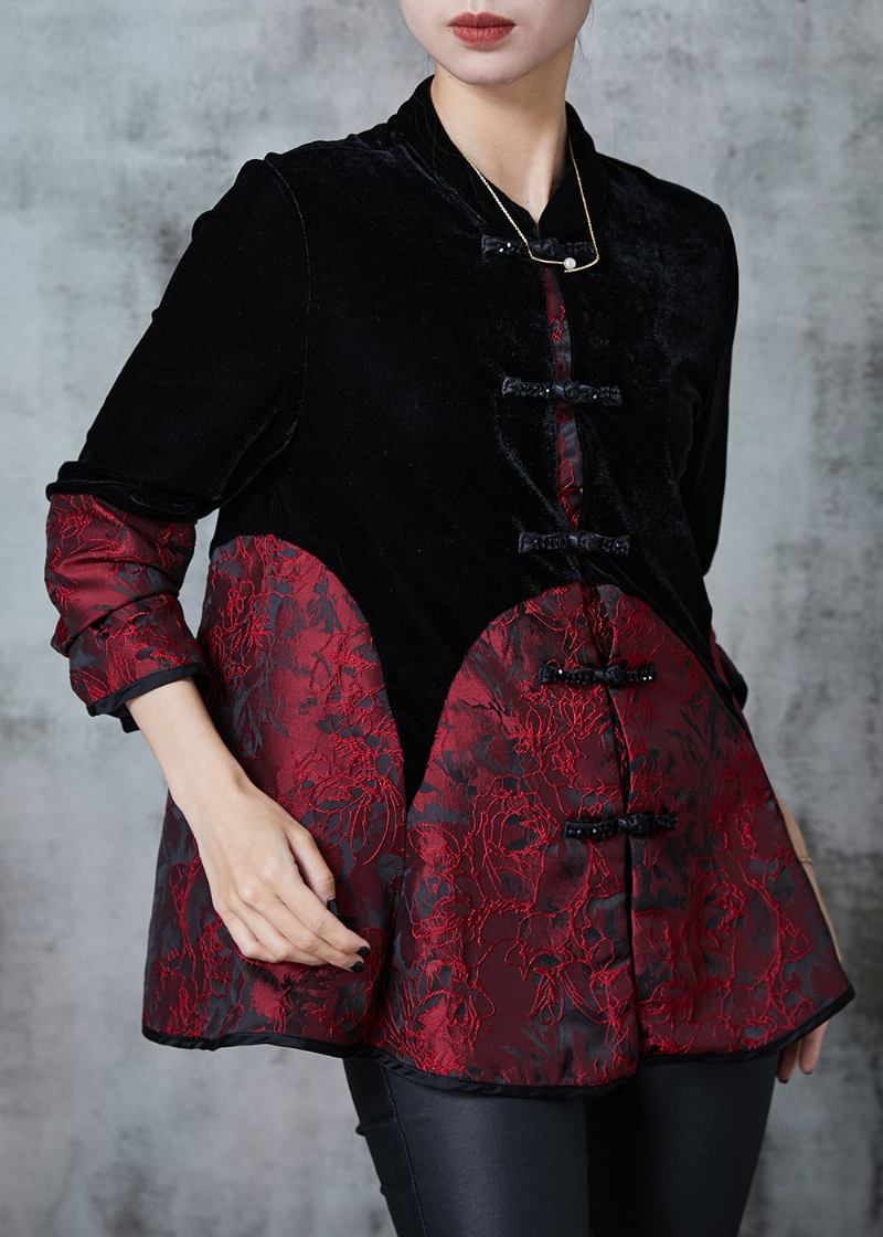 Elegante Schwarze Chinesische Patchwork-mäntel Aus Samt Mit Knöpfen Für Den Herbst - Damen-Wintermäntel