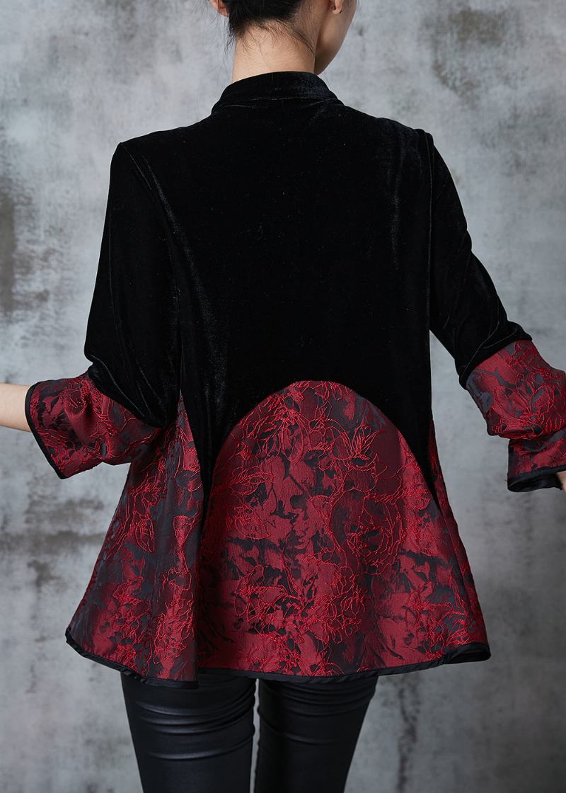 Elegante Schwarze Chinesische Patchwork-mäntel Aus Samt Mit Knöpfen Für Den Herbst - Damen-Wintermäntel