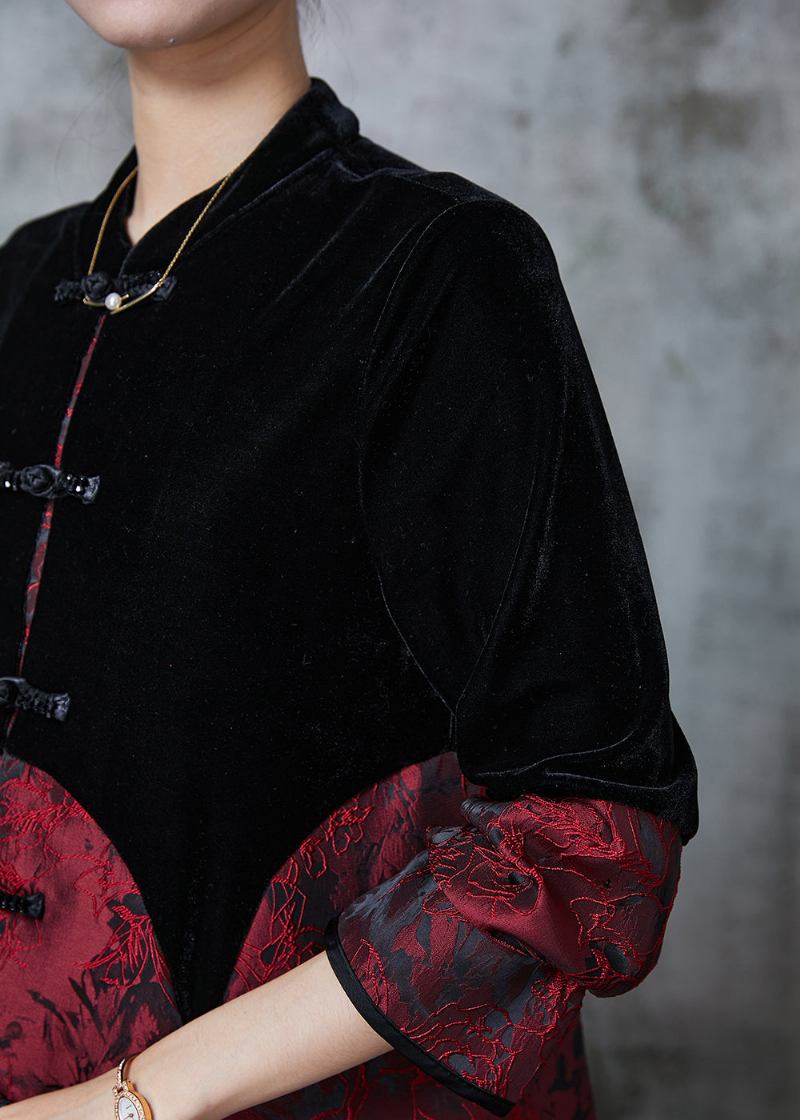 Elegante Schwarze Chinesische Patchwork-mäntel Aus Samt Mit Knöpfen Für Den Herbst - Damen-Wintermäntel