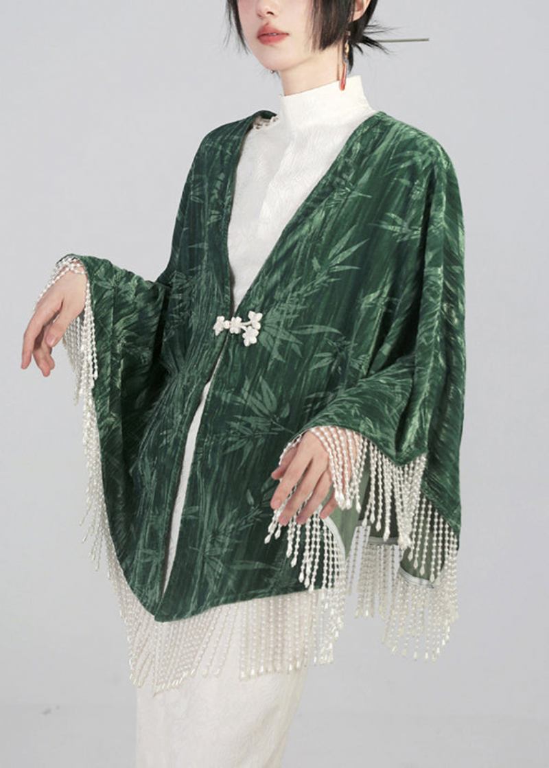 Eleganter Grüner Mit Quasten Besetzter Cape-mantel Aus Chinesischer Baumwolle Mit Knöpfen Frühling - Damen-Wintermäntel