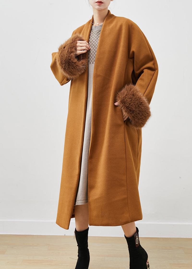 Eleganter Khakifarbener V-ausschnitt Übergroßer Woll-trenchcoat Frühling - Damen-Wintermäntel