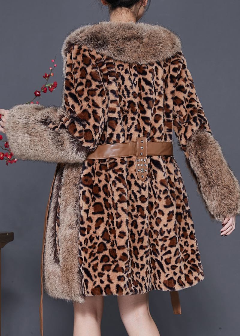 Eleganter Nerzsamt-pelzkragen Patchwork Leopardenmuster Mantel Winter - Damen-Wintermäntel