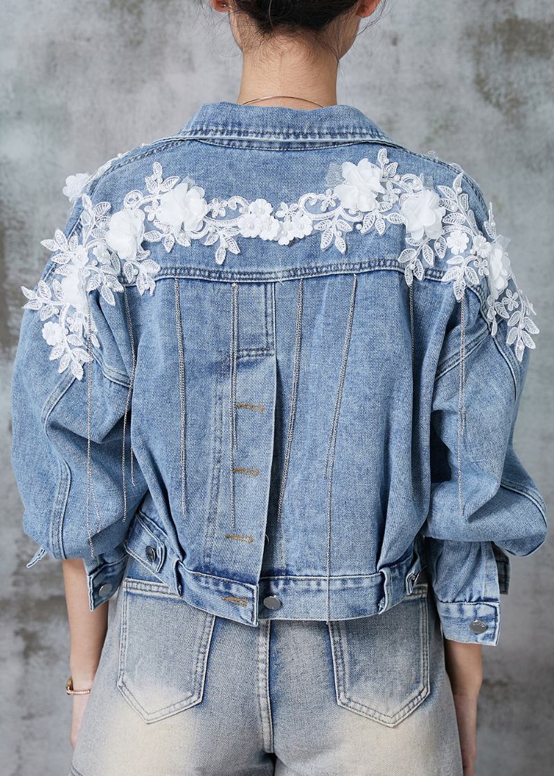 Feine Blaue Jeansjacke Mit Quasten Und Patchwork-spitze Und Blumen Frühling - Damen-Wintermäntel