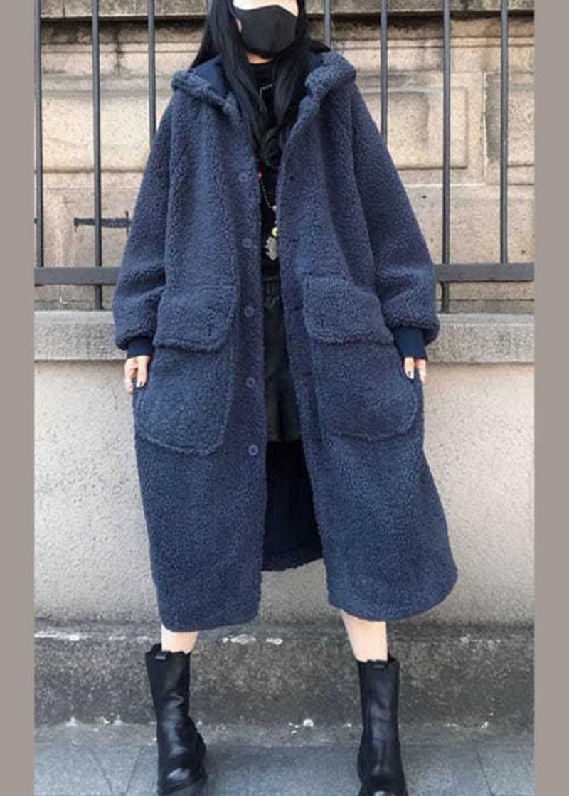 Feine Blaue Lockere Lässige Trenchcoats Mit Kapuze Für Den Winter Mit Langen Ärmeln