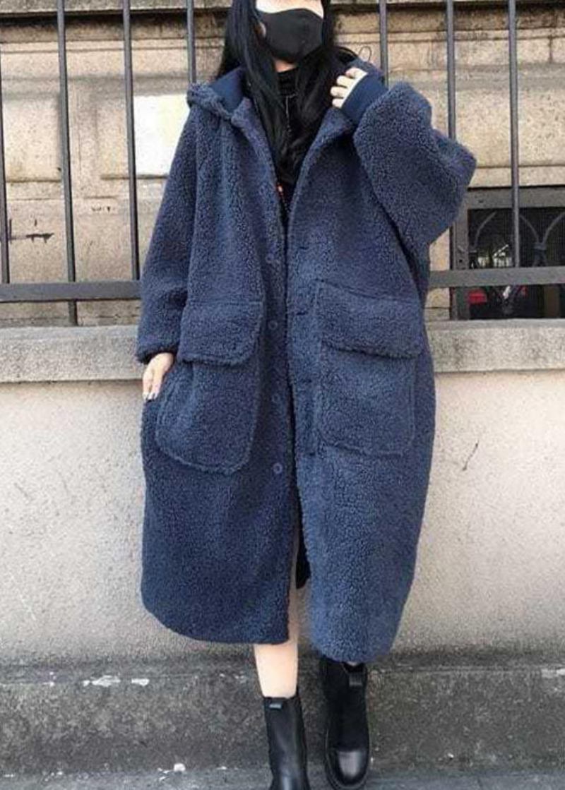 Feine Blaue Lockere Lässige Trenchcoats Mit Kapuze Für Den Winter Mit Langen Ärmeln - Damen-Wintermäntel