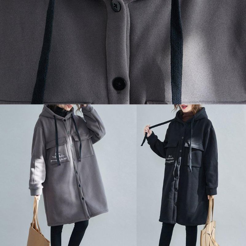 Feine Graue Stickerei Damenparka Übergroße Winterjacke Mit Kapuze Und Taschen Oberbekleidung - grau