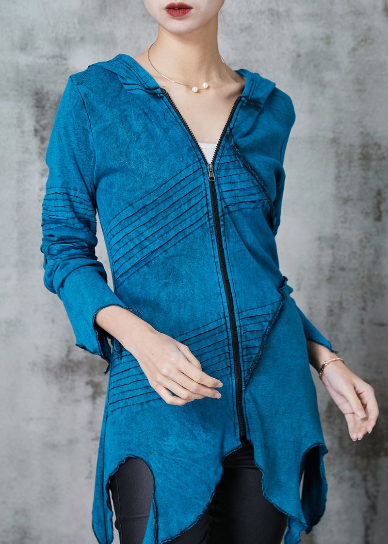 Feiner Blauer Asymmetrischer Baumwollmantel Mit Batikmuster Frühling