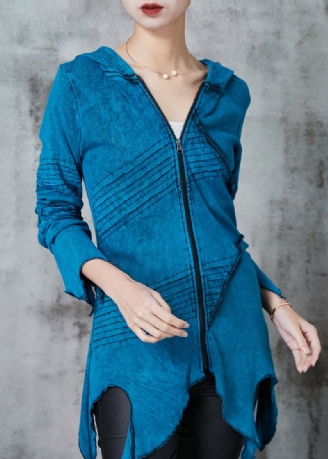 Feiner Blauer Asymmetrischer Baumwollmantel Mit Batikmuster Frühling