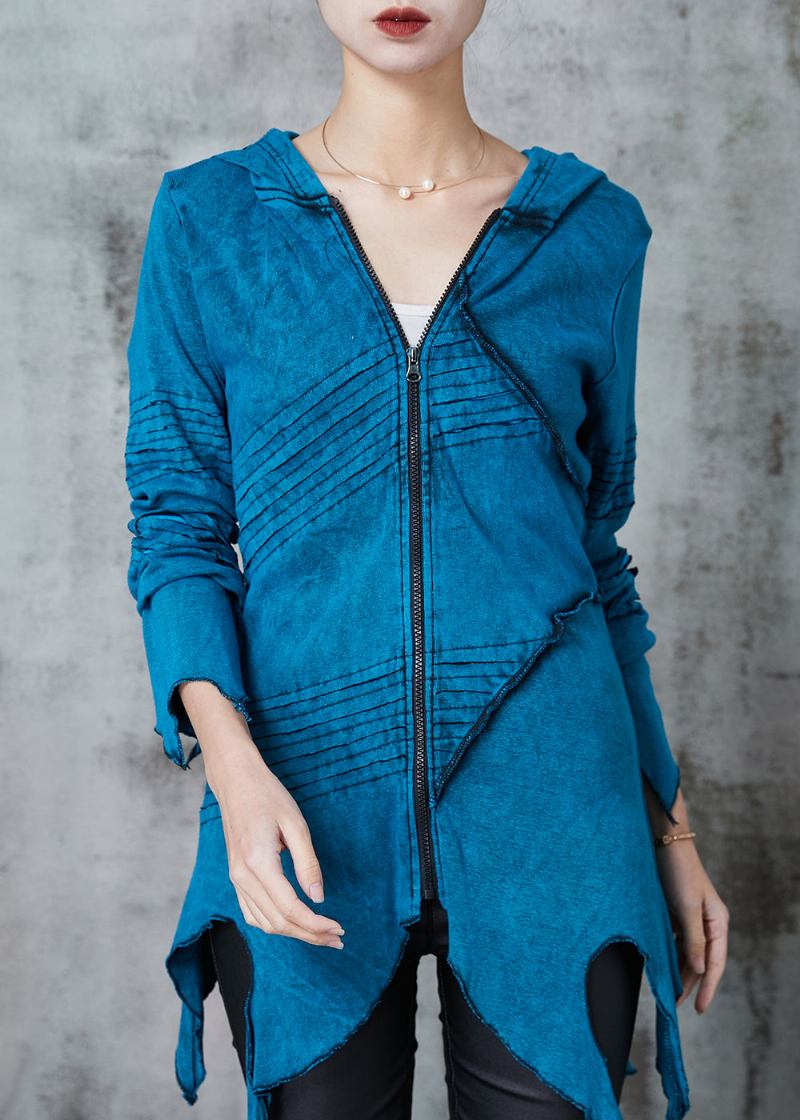 Feiner Blauer Asymmetrischer Baumwollmantel Mit Batikmuster Frühling - Damen-Wintermäntel