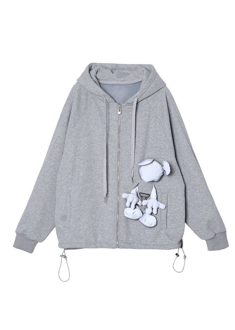 Feines Graues Warmes Fleece-sweatshirt-oberteil Mit Kapuze Und Taschen Frühlingsmantel - Damen-Wintermäntel