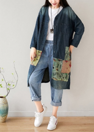 Französisch-blaue Patchwork-jeansmäntel Mit V-ausschnitt Und Taschen Im Frühling