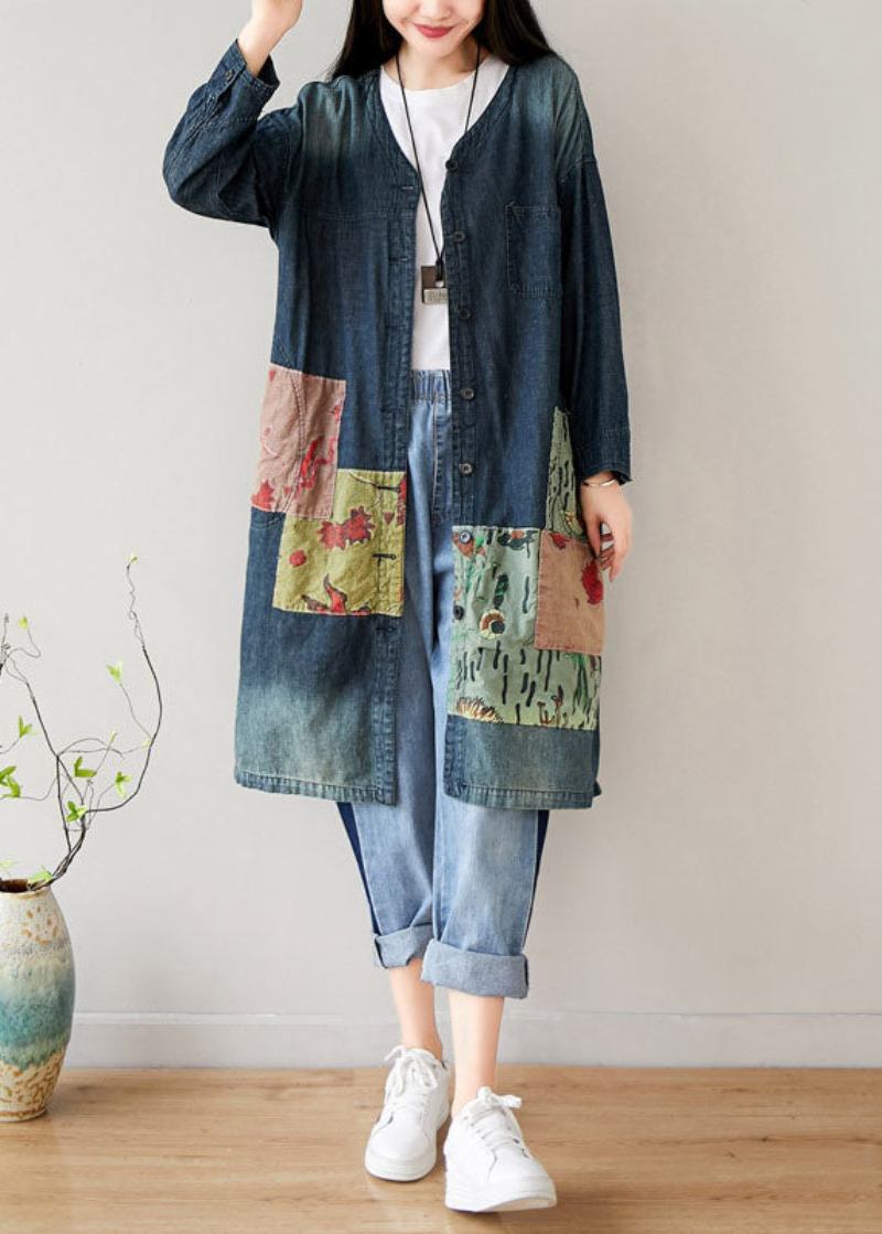 Französisch-blaue Patchwork-jeansmäntel Mit V-ausschnitt Und Taschen Im Frühling - Damen-Wintermäntel