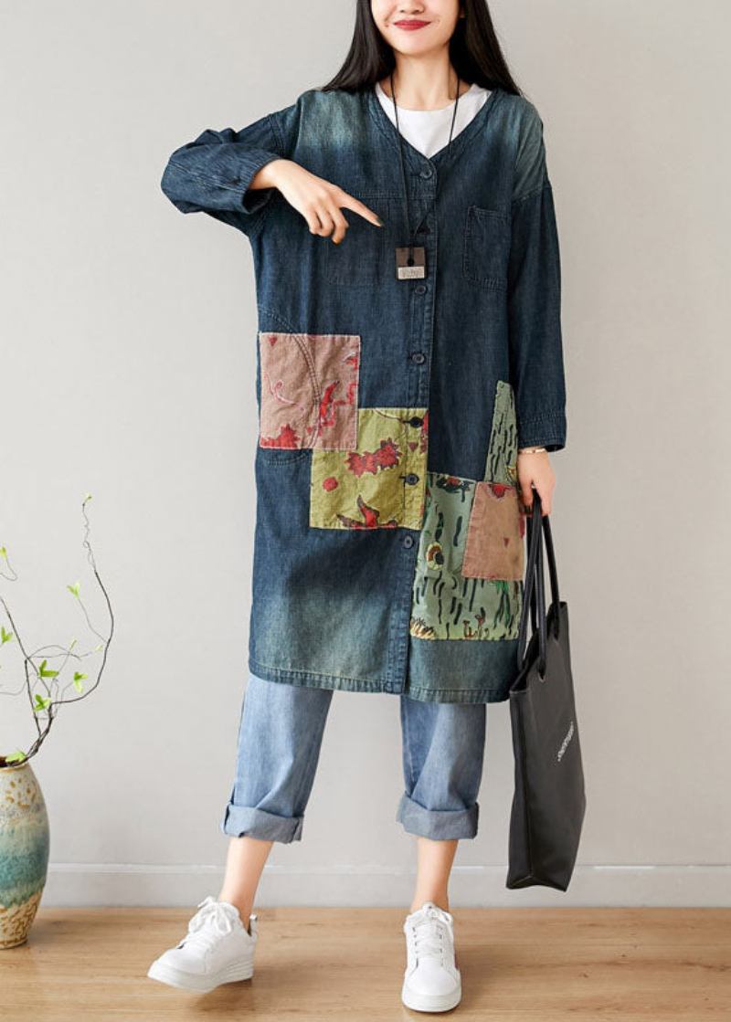 Französisch-blaue Patchwork-jeansmäntel Mit V-ausschnitt Und Taschen Im Frühling - Damen-Wintermäntel