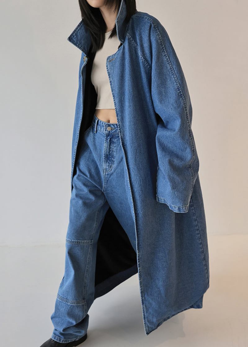 Französisch-blauer Übergroßer Beidseitig Tragbarer Denim-trenchcoat Für Den Herbst