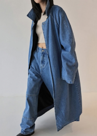 Französisch-blauer Übergroßer Beidseitig Tragbarer Denim-trenchcoat Für Den Herbst