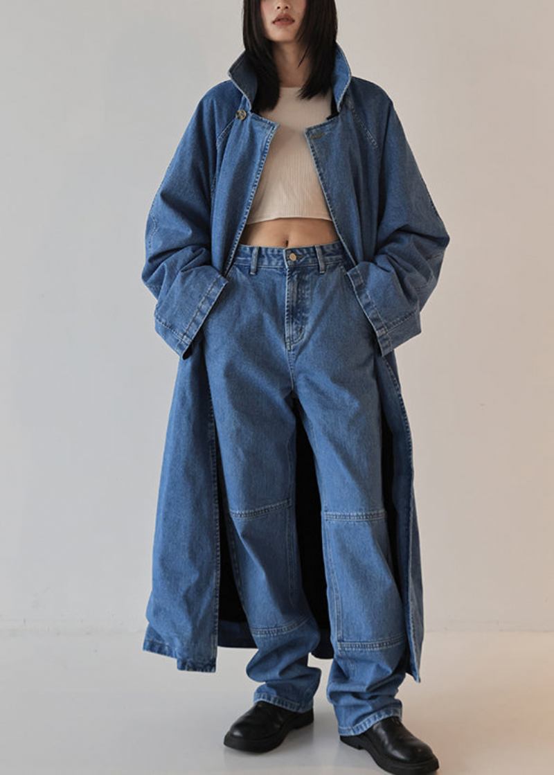 Französisch-blauer Übergroßer Beidseitig Tragbarer Denim-trenchcoat Für Den Herbst - Damen-Wintermäntel