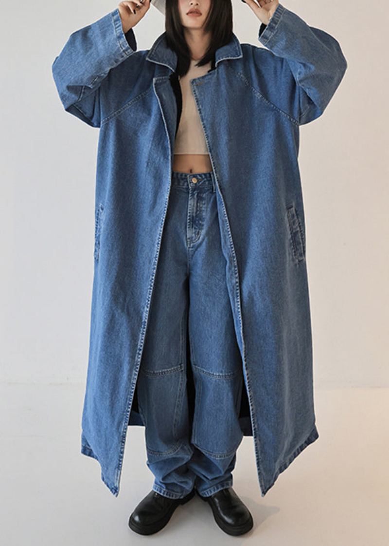 Französisch-blauer Übergroßer Beidseitig Tragbarer Denim-trenchcoat Für Den Herbst - Damen-Wintermäntel