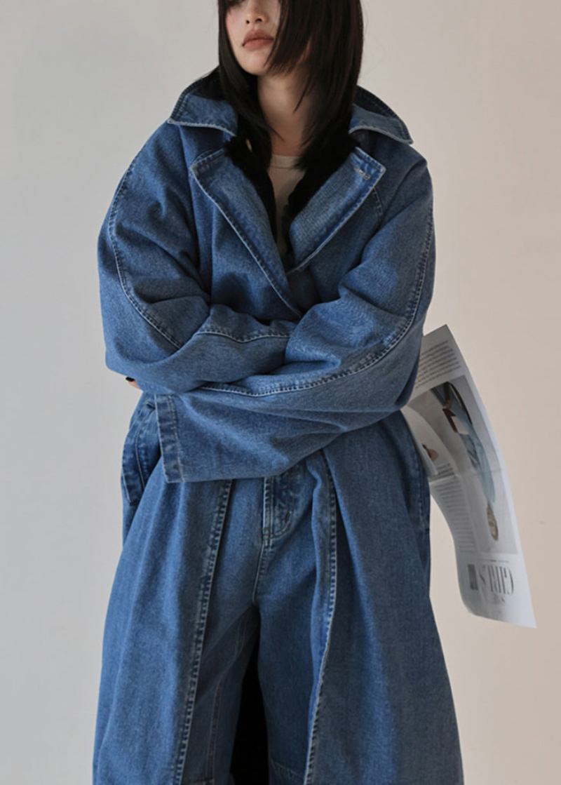 Französisch-blauer Übergroßer Beidseitig Tragbarer Denim-trenchcoat Für Den Herbst - Damen-Wintermäntel