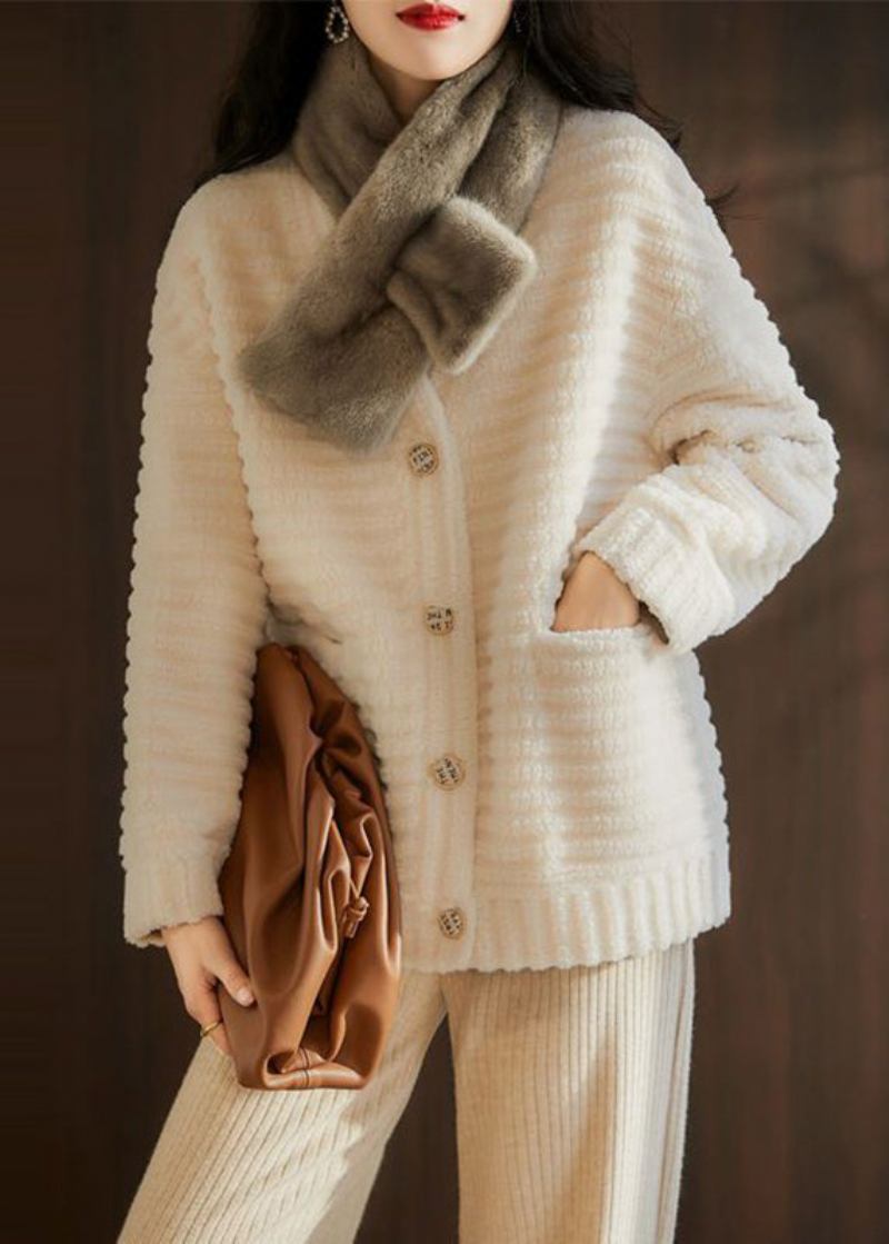 Französische Beige Patchwork-wolljacke Mit V-ausschnitt Und Taschen Für Den Winter