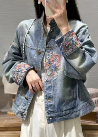 Französische Blaue Jeansjacke Mit Knöpfen Frühling