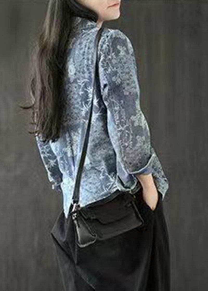 Französische Blaue Jeansjacke Mit Taschen Druck Langärmlig - Blau