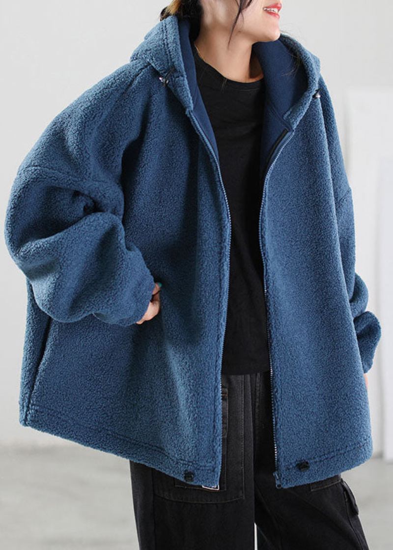 Französische Blaue Kunstpelzjacke Mit Kapuze Und Kordelzug Winter