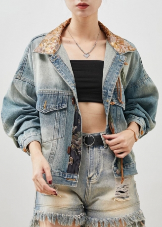 Französische Blaue Patchwork-jeansjacke Mit Quasten Frühling