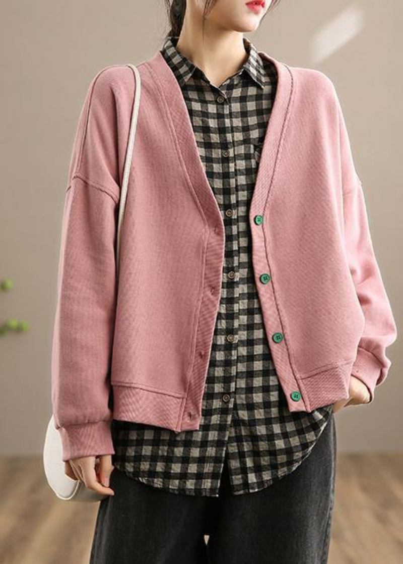 Französische Rosa Kleidung Für Damen Form V-ausschnitt Button-down Frühling Mäntel - Rosa