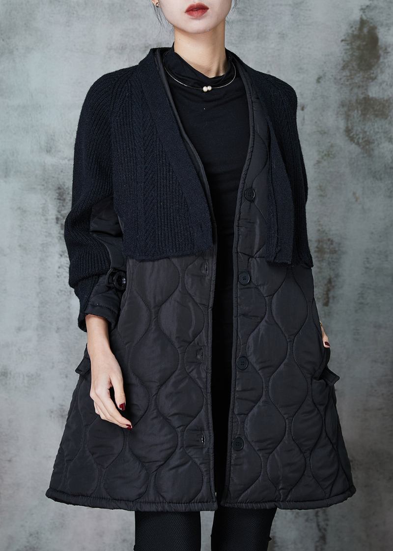 Französische Schwarze Patchwork-winterjacke Mit V-ausschnitt Und Feiner Baumwolle Gefüttert Frühling - Damen-Wintermäntel