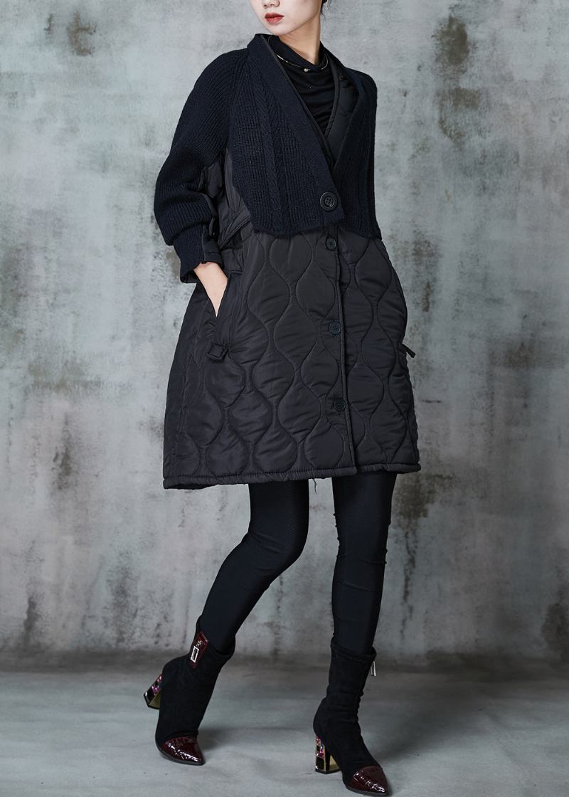 Französische Schwarze Patchwork-winterjacke Mit V-ausschnitt Und Feiner Baumwolle Gefüttert Frühling - Damen-Wintermäntel