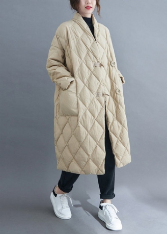 Französischer Beige Langer Parka Mit V-ausschnitt Und Knopftaschen Und Baumwollfüllung Für Den Winter