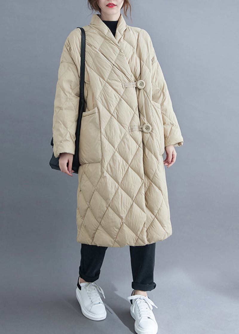 Französischer Beige Langer Parka Mit V-ausschnitt Und Knopftaschen Und Baumwollfüllung Für Den Winter - Damen-Wintermäntel