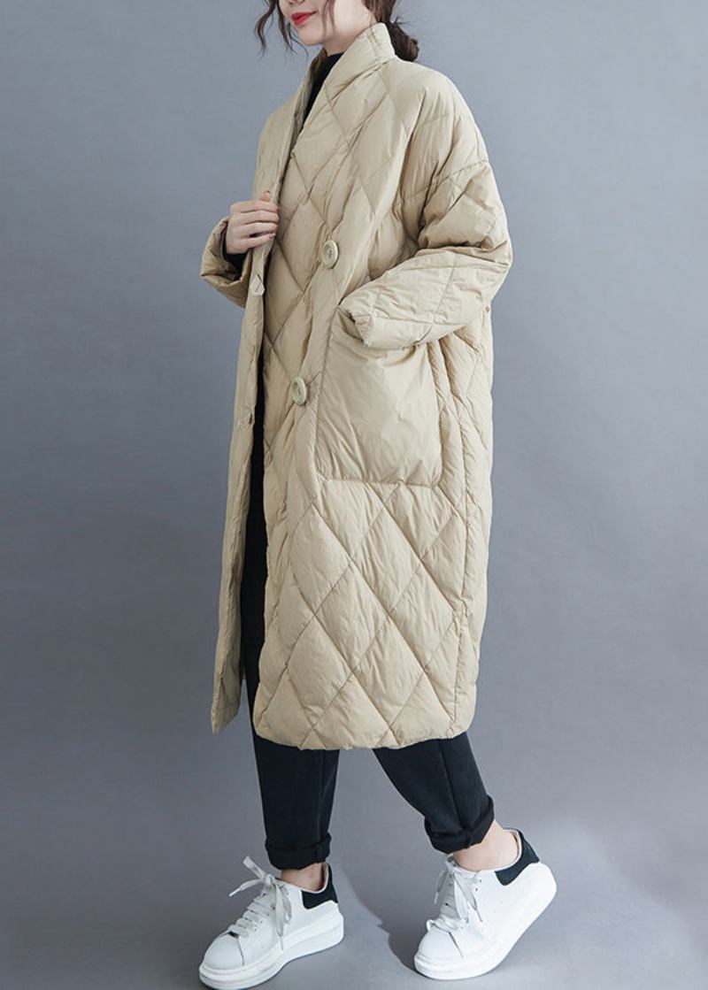 Französischer Beige Langer Parka Mit V-ausschnitt Und Knopftaschen Und Baumwollfüllung Für Den Winter - Damen-Wintermäntel