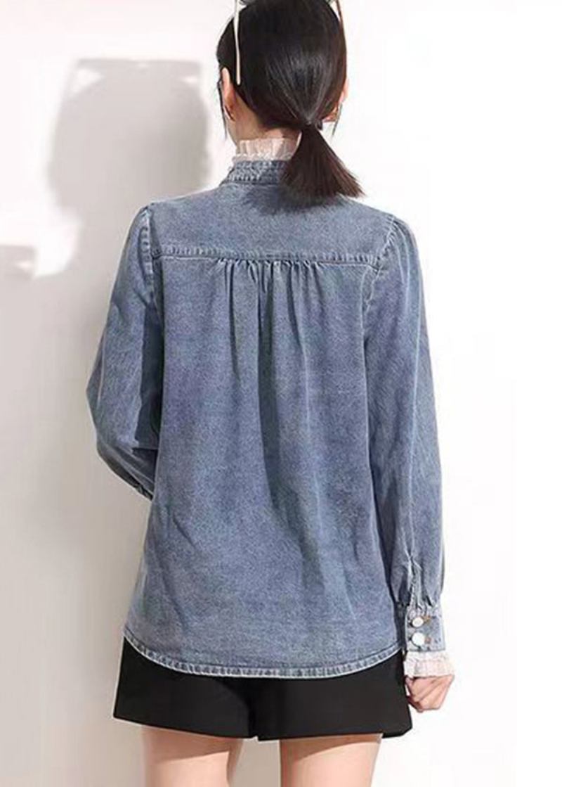 Französischer Blauer Stehkragen Asymmetrischer Patchwork-spitzenmantel Aus Baumwolle Und Denim Mit Langen Ärmeln - Damen-Wintermäntel