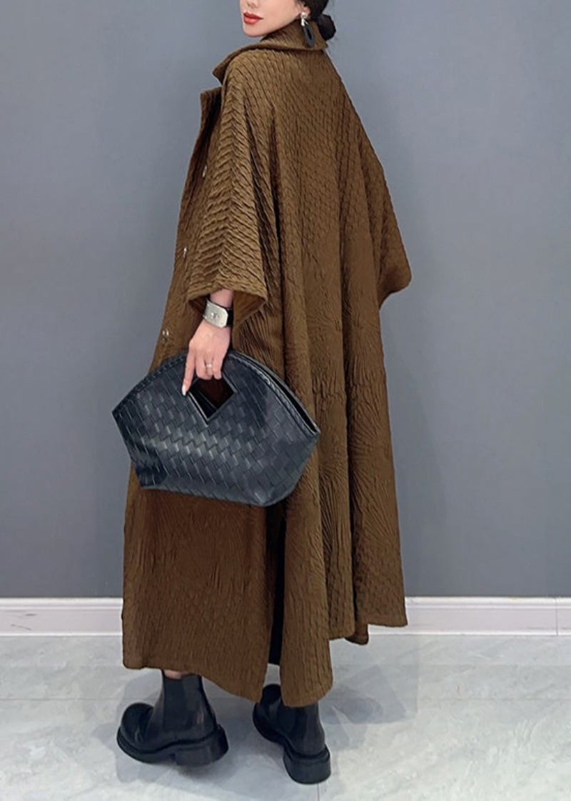 Französischer Brauner Langer Trenchcoat Aus Baumwolle Mit Zwei Brusttaschen Und Fledermausärmeln - Damen-Wintermäntel