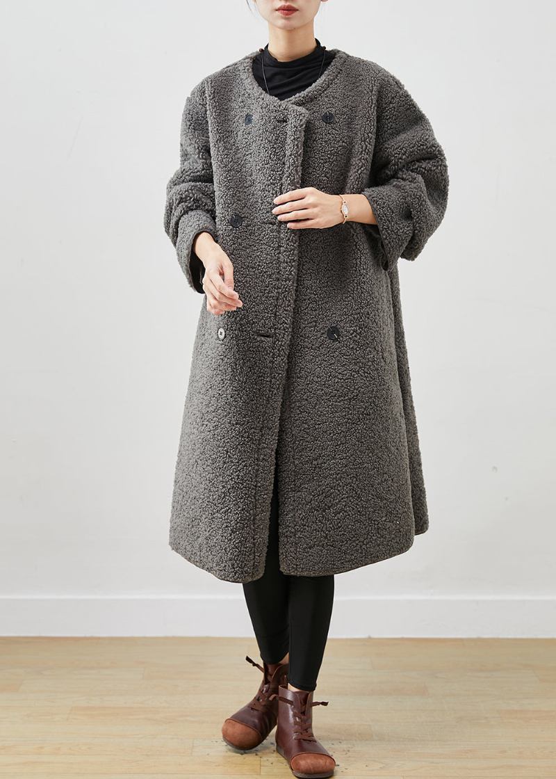 Französischer Grauer Übergroßer Zweireihiger Fleece-mantel Aus Kunstpelz Frühling - Damen-Wintermäntel